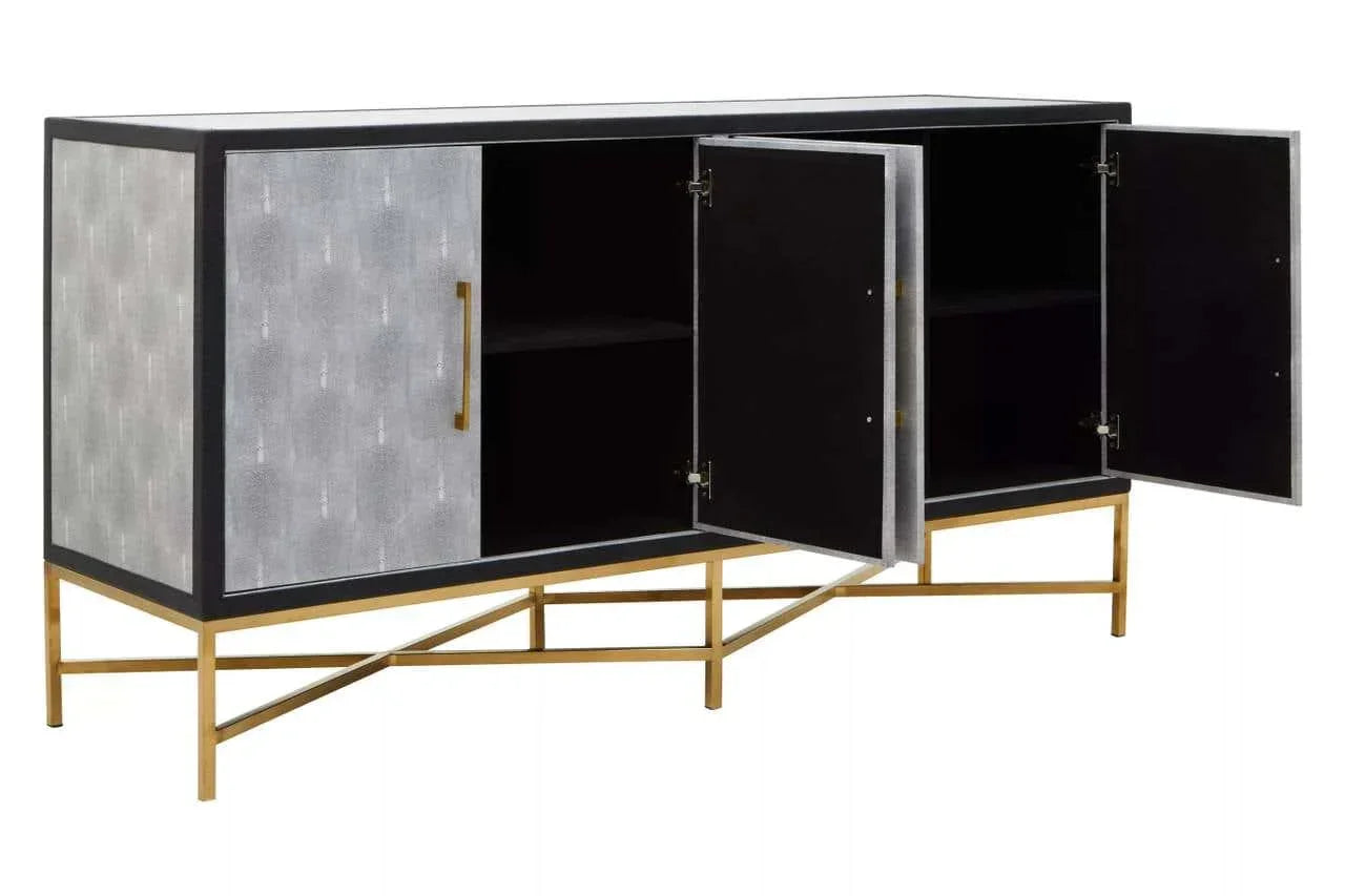 Modern sideboard cabinet with grey textured doors, gold metal legs, open storage shelves