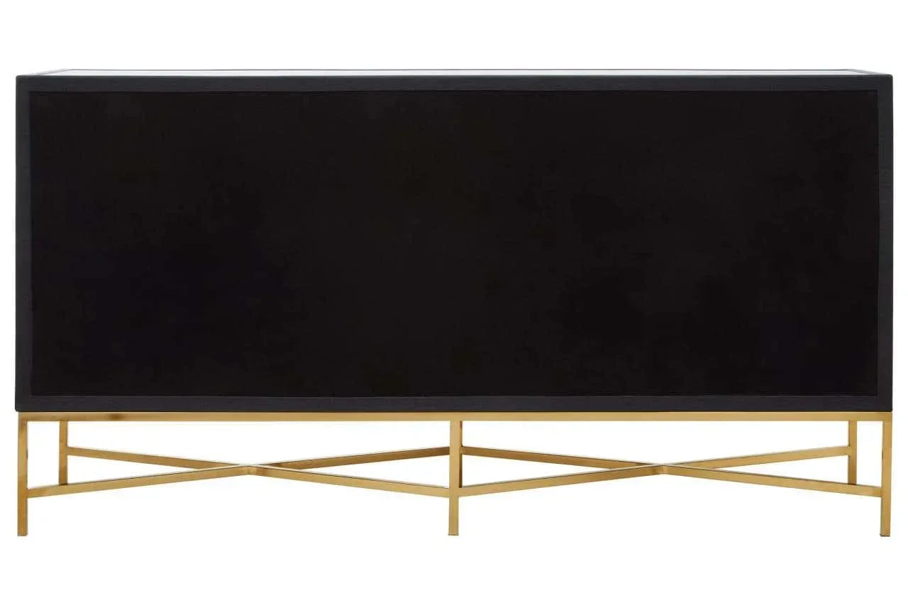 Black sideboard with gold metal base and geometric crossbar detail, front view
