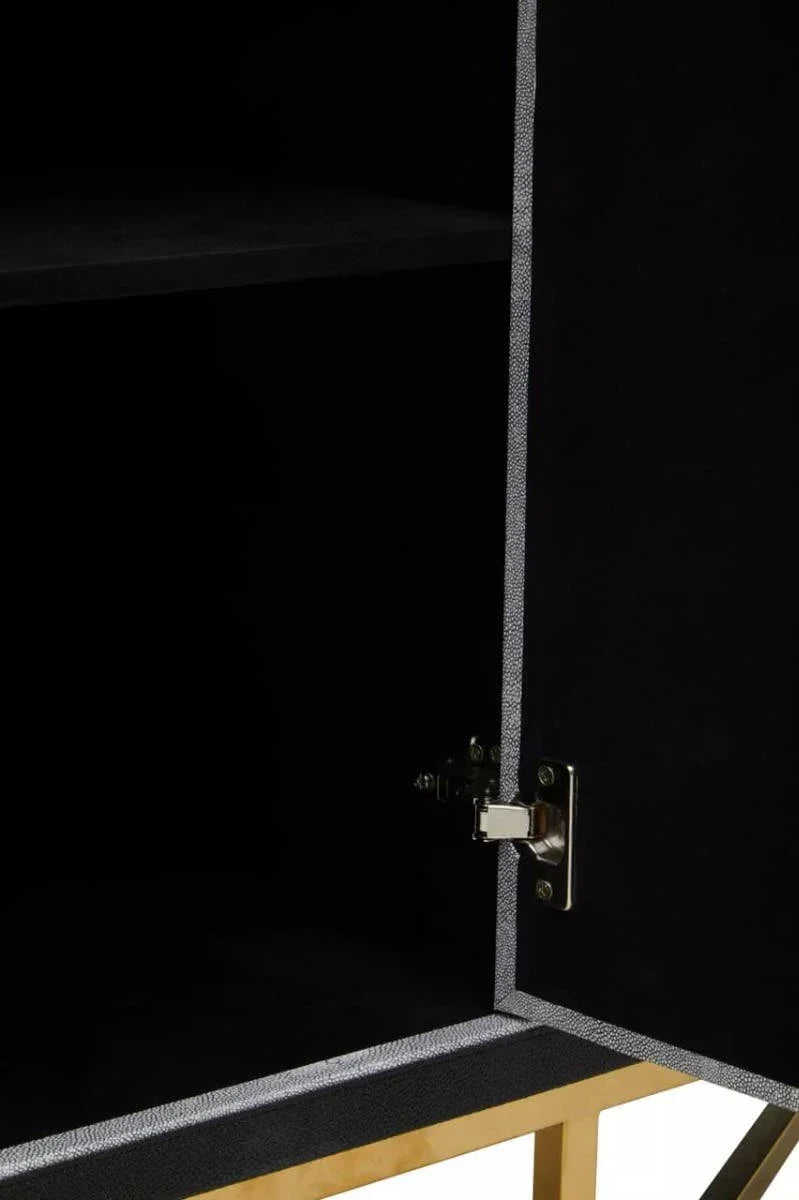 Black cabinet interior with open door showing adjustable shelf and silver hinge detail