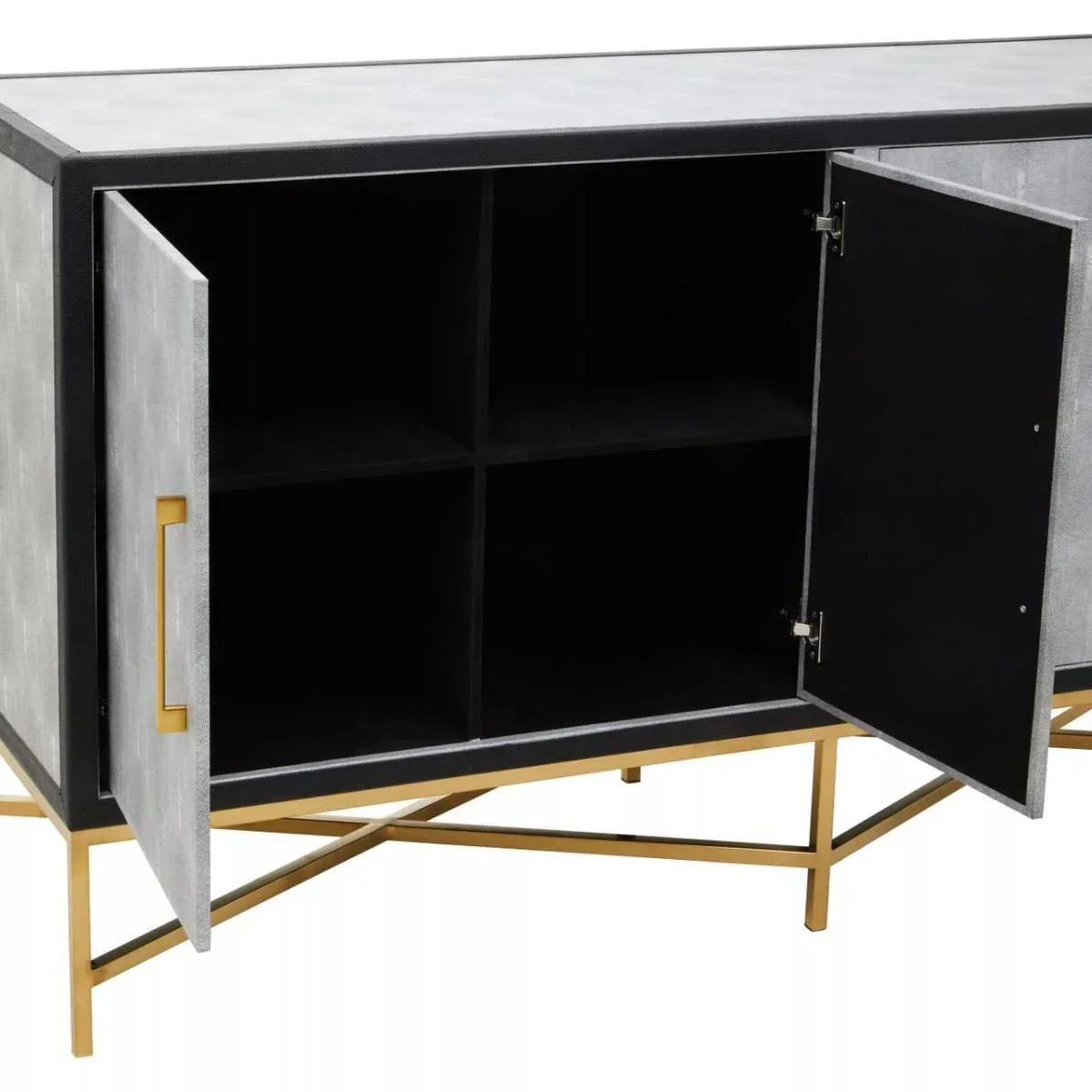 Grey sideboard cabinet with gold metal legs and open doors revealing interior shelves