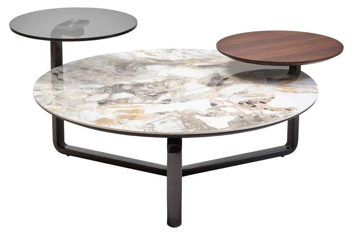 Modern coffee table with marble top, black metal frame, smoked glass and wood side shelves