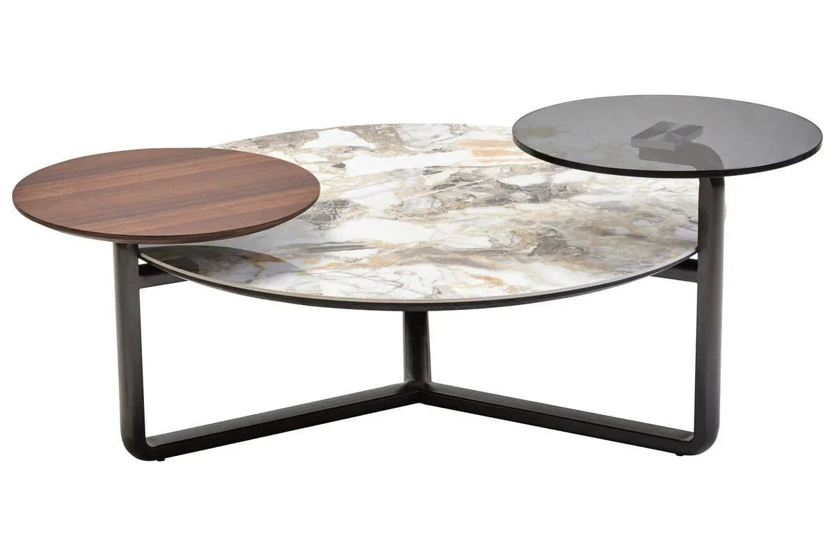 Round coffee table with marble top, walnut accent, and smoked glass surface on black metal frame