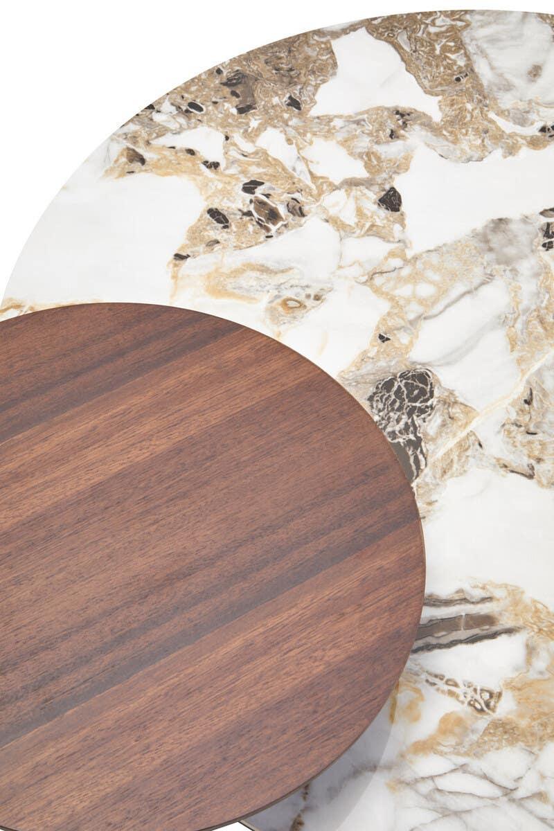 Round coffee table with walnut wood and marble effect tops overlapping