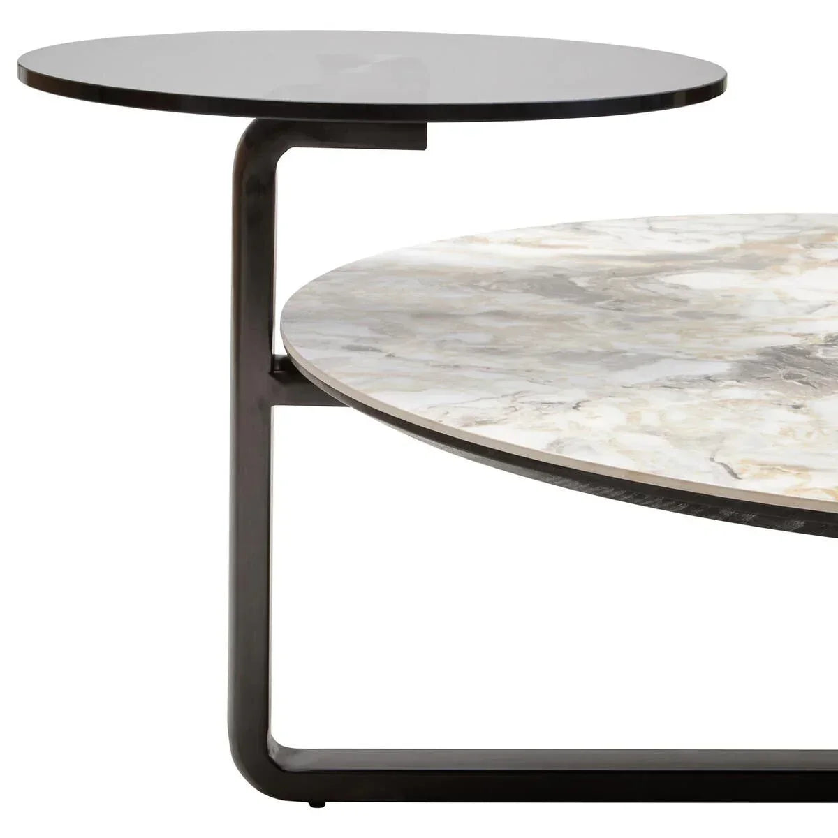 Round marble coffee table with black metal frame and elevated glass side shelf