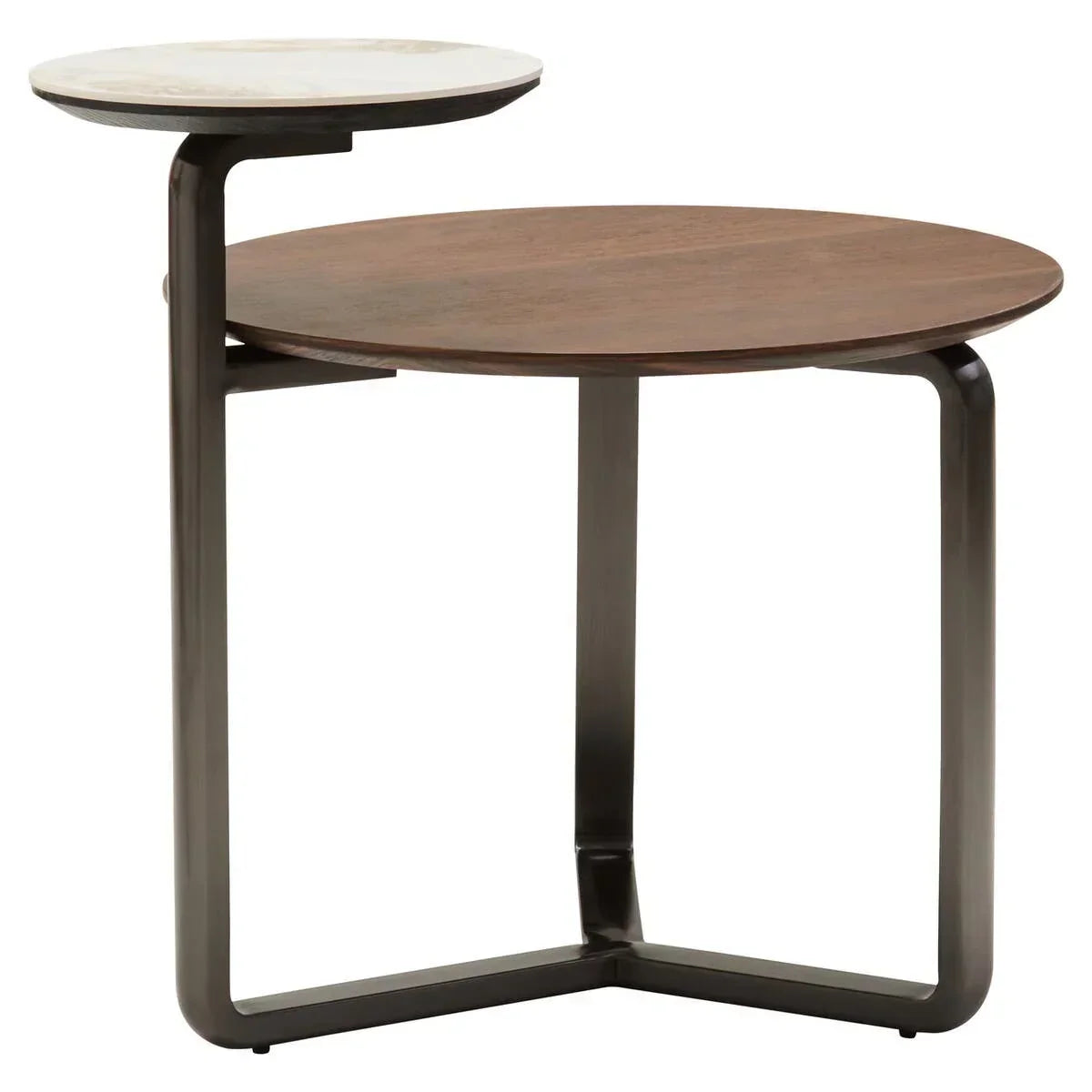 Round wooden side table with metal legs and raised marble accent shelf