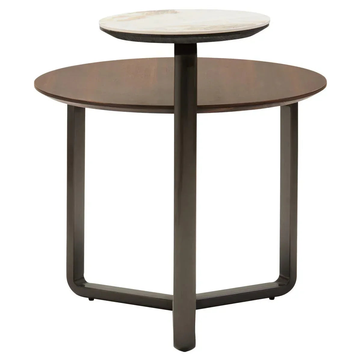 Modern side table with round wood and marble tops, black metal legs