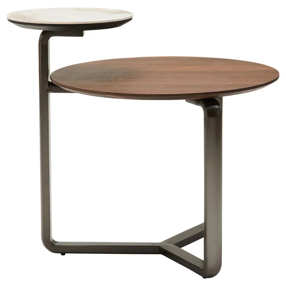 Modern round side table with dual tops, one wooden and one marble, metal frame base