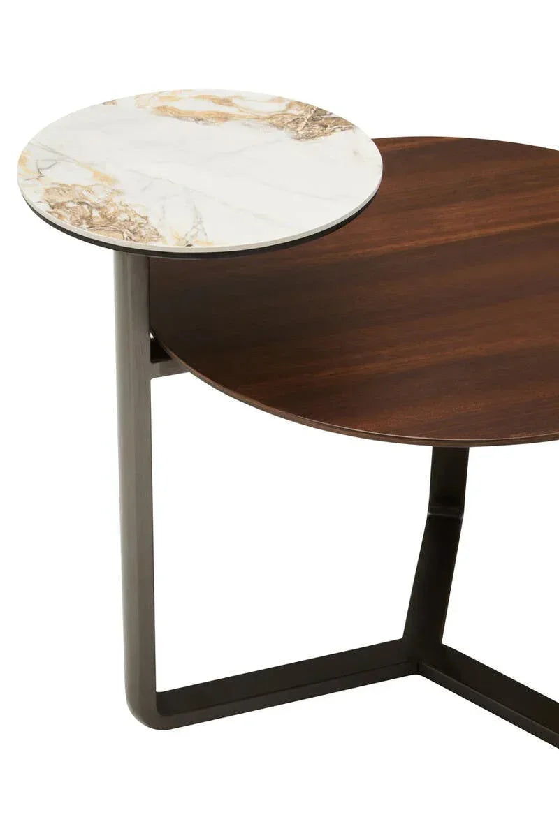 Round accent table with marble and wood tops, metal legs, close-up view