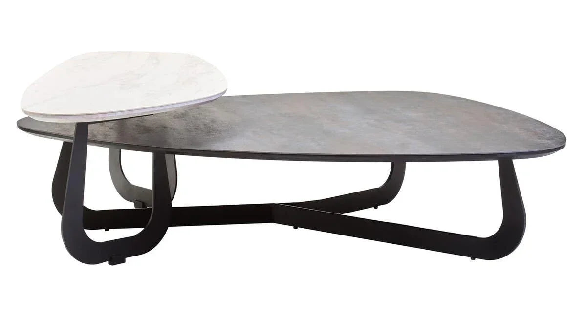 modern coffee table with two-tier stone tops and black metal legs