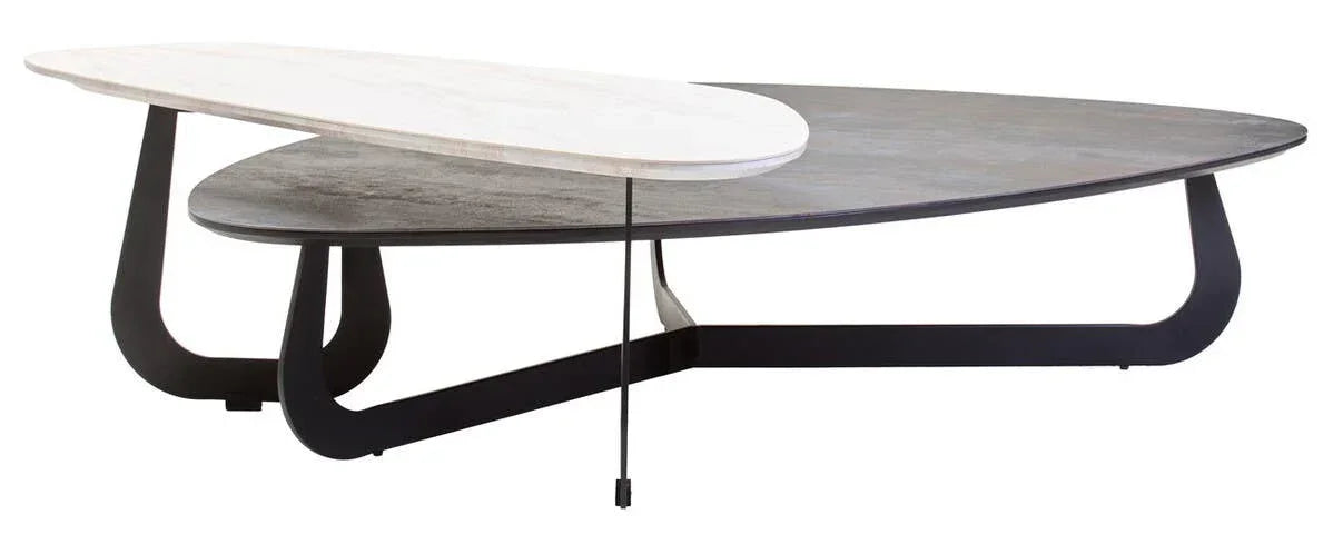 Modern coffee table with two-tier oval tops, black metal base, marble and dark wood finish