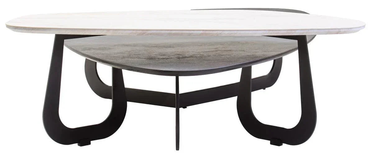 Modern coffee table with white marble top, grey lower shelf, and black curved metal legs