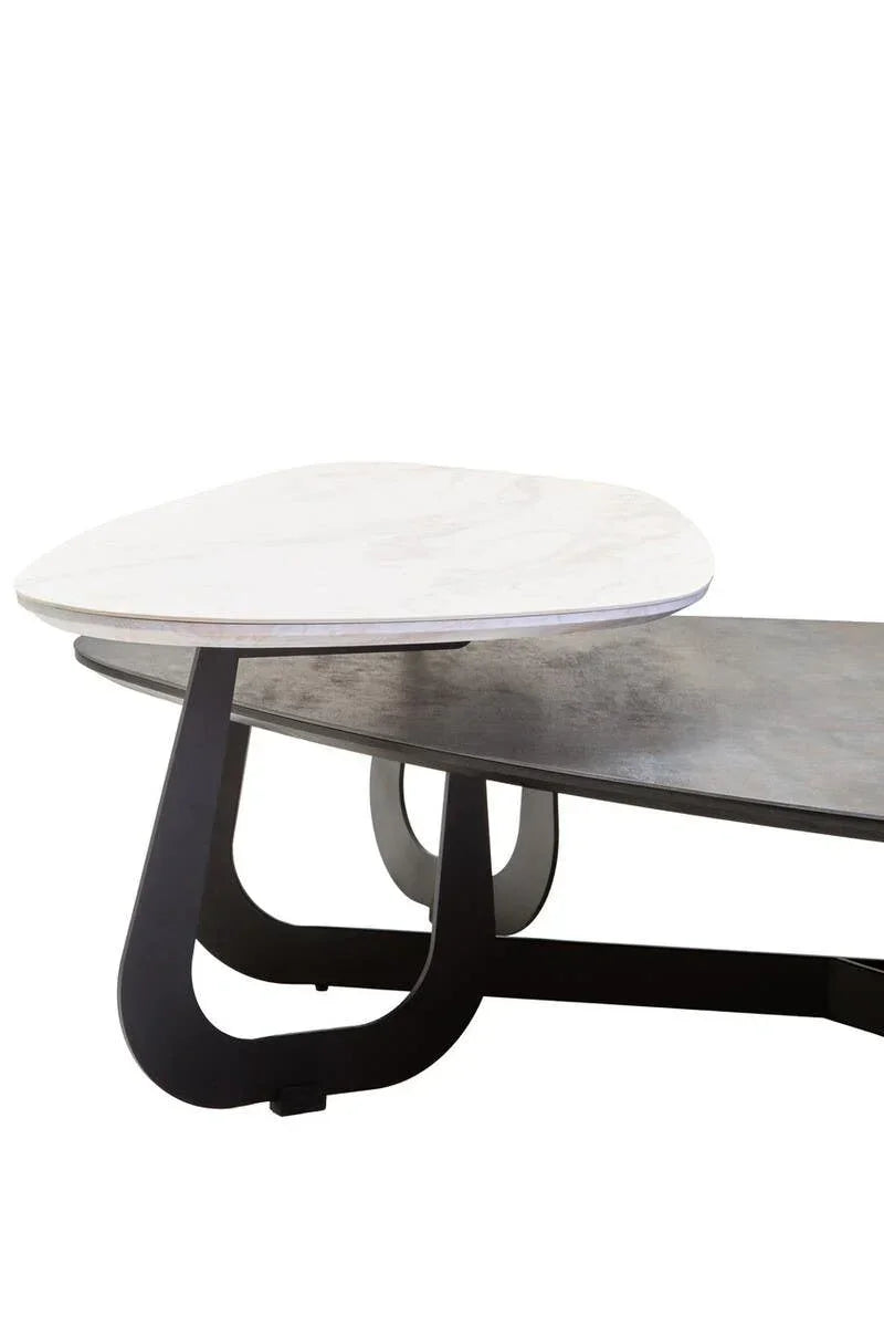 Modern nesting coffee tables with white and dark tabletops and black metal legs