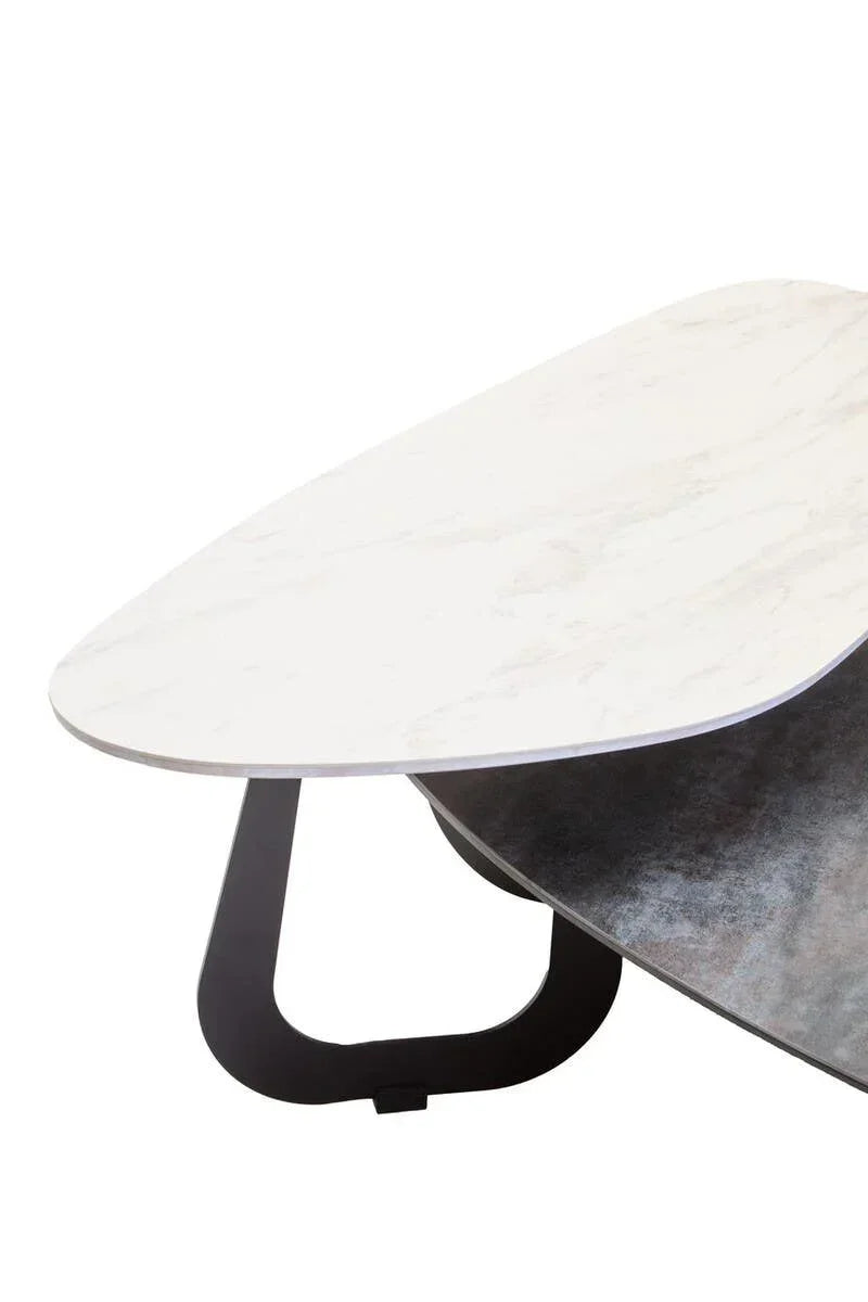 Modern coffee table with white marble effect top, black metal legs and lower shelf