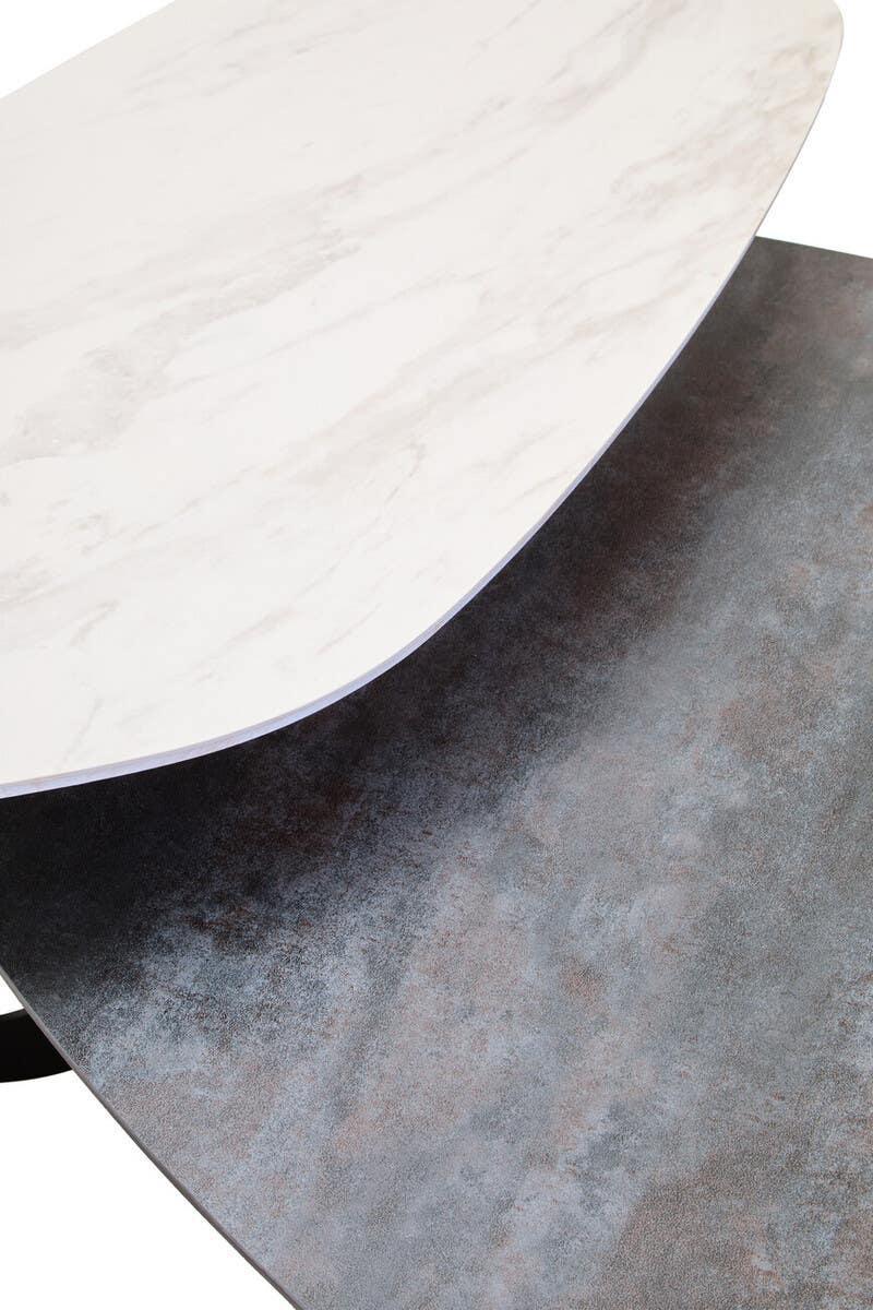Round marble effect coffee table with overlapping ceramic and stone style surfaces