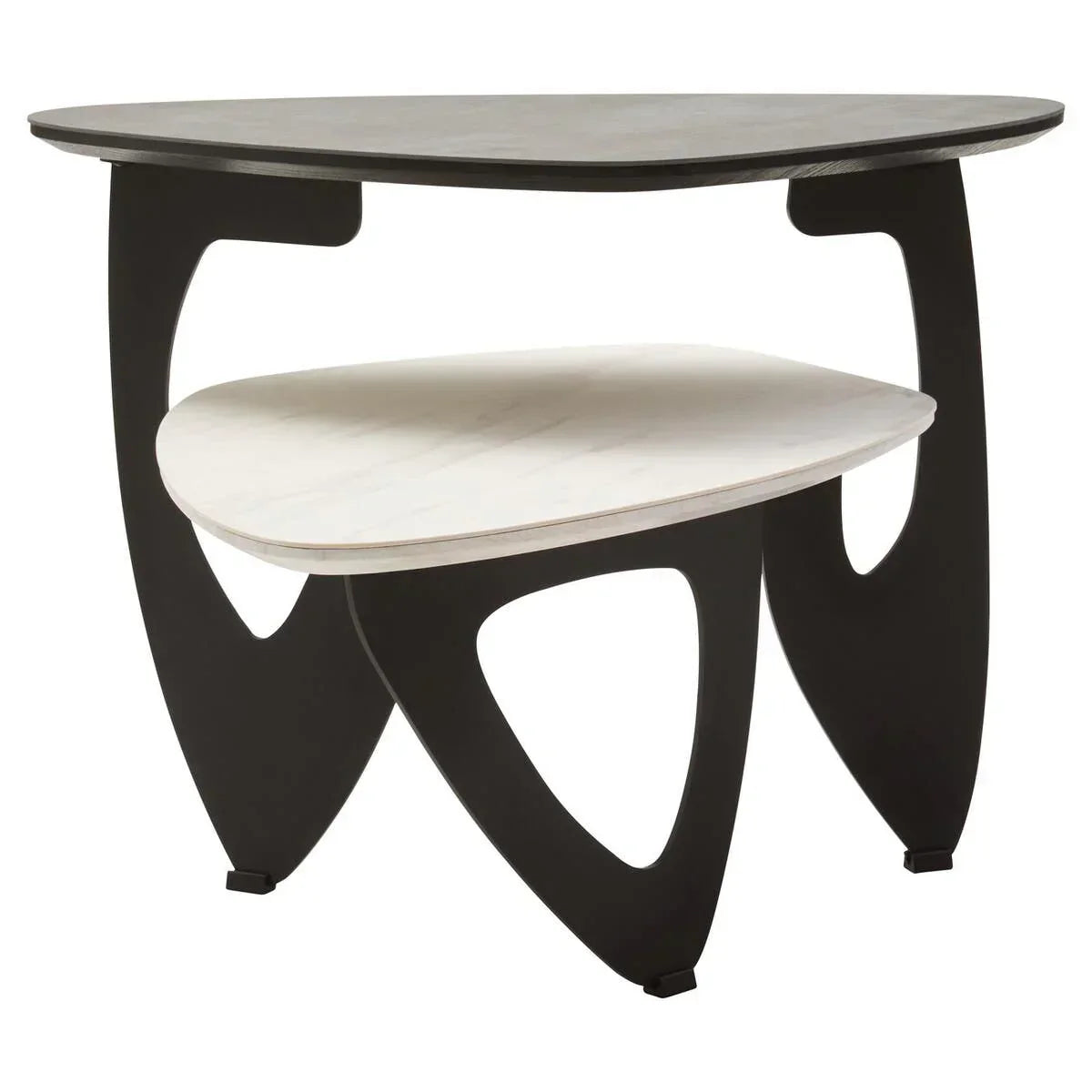 Modern two-tier coffee table with black frame and contrasting white shelf, angled view