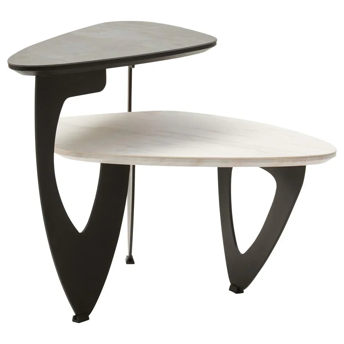 Modern coffee table with two tier shelves, black legs, white and dark wood surfaces