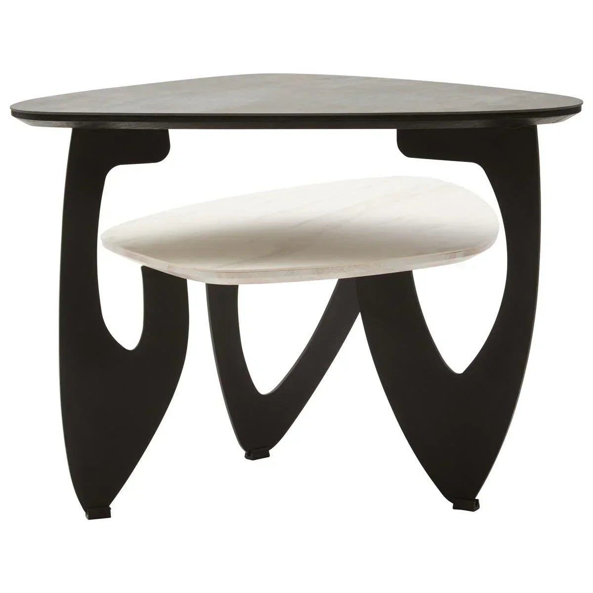 Modern coffee table with black sculpted legs, grey top and white lower shelf
