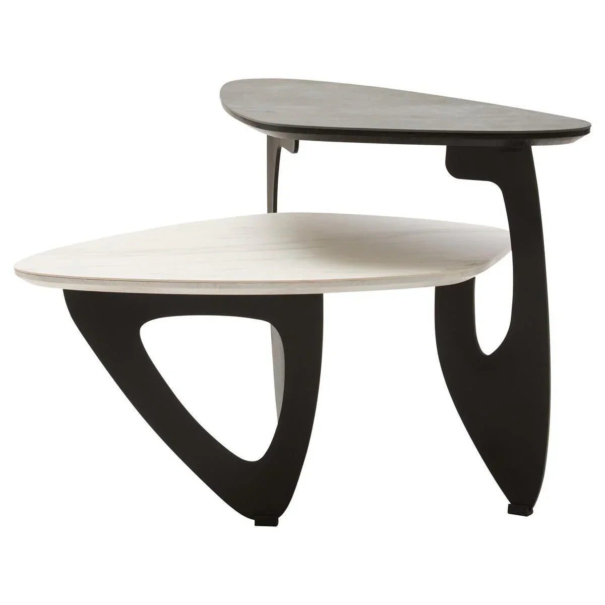Two-tier coffee table with black and white wood triangular tops and modern black legs