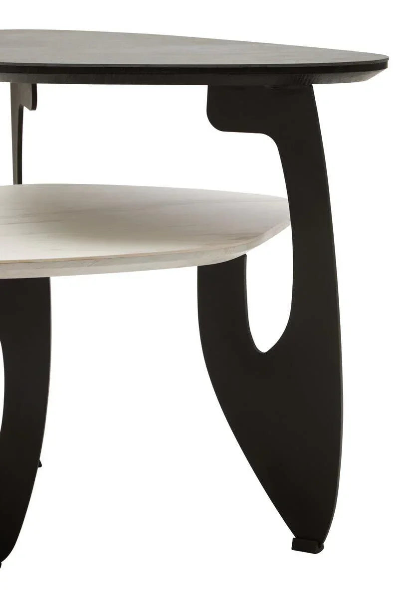 Modern coffee table with black angled legs and two-tier wooden shelves, close view