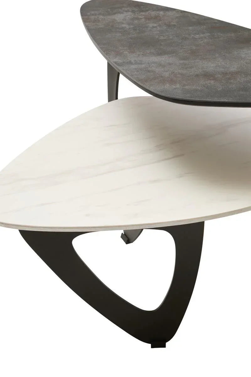 Modern two-tier coffee table with dark stone-effect and white marble-effect tops