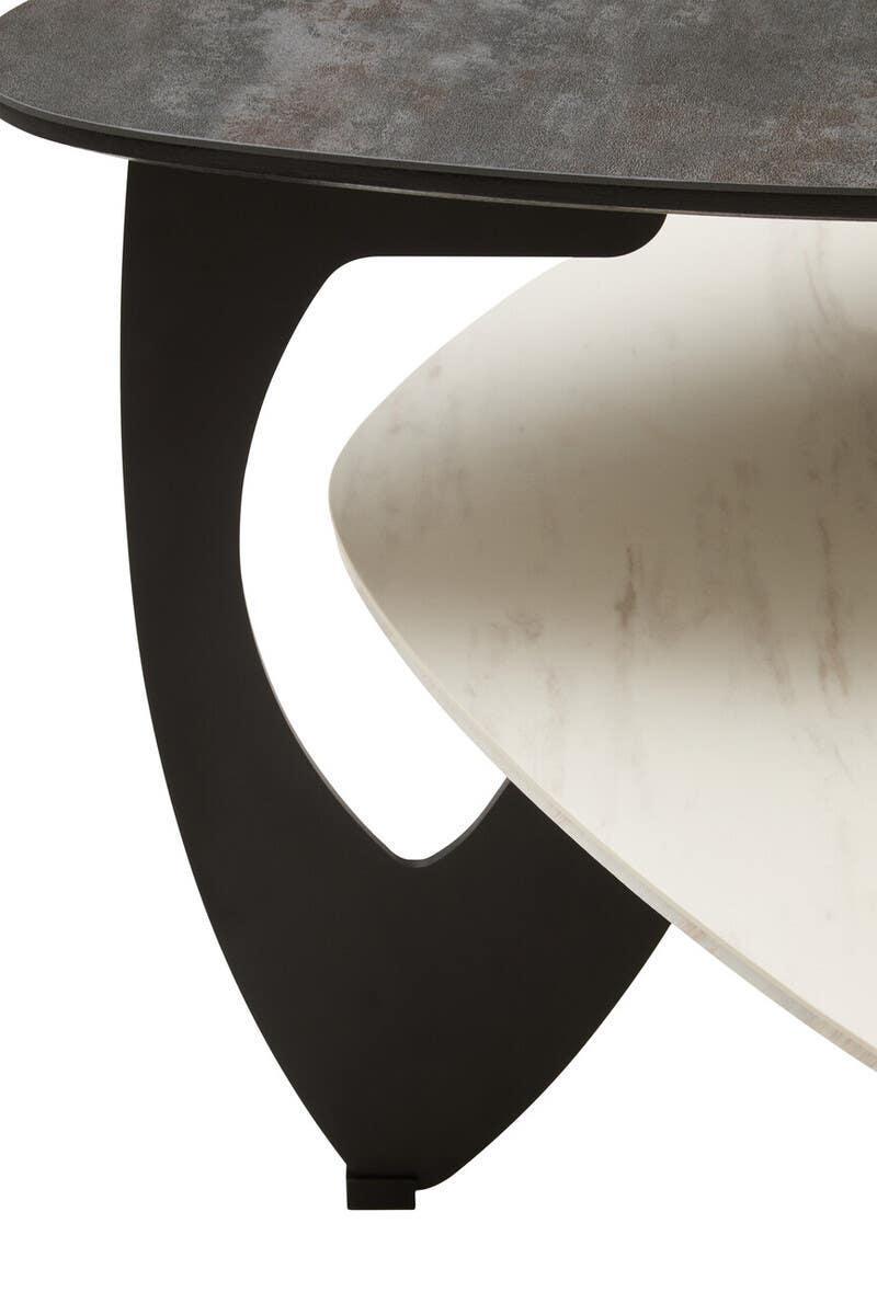 Modern coffee table with dark metal leg, grey stone top, and white marble-effect shelf