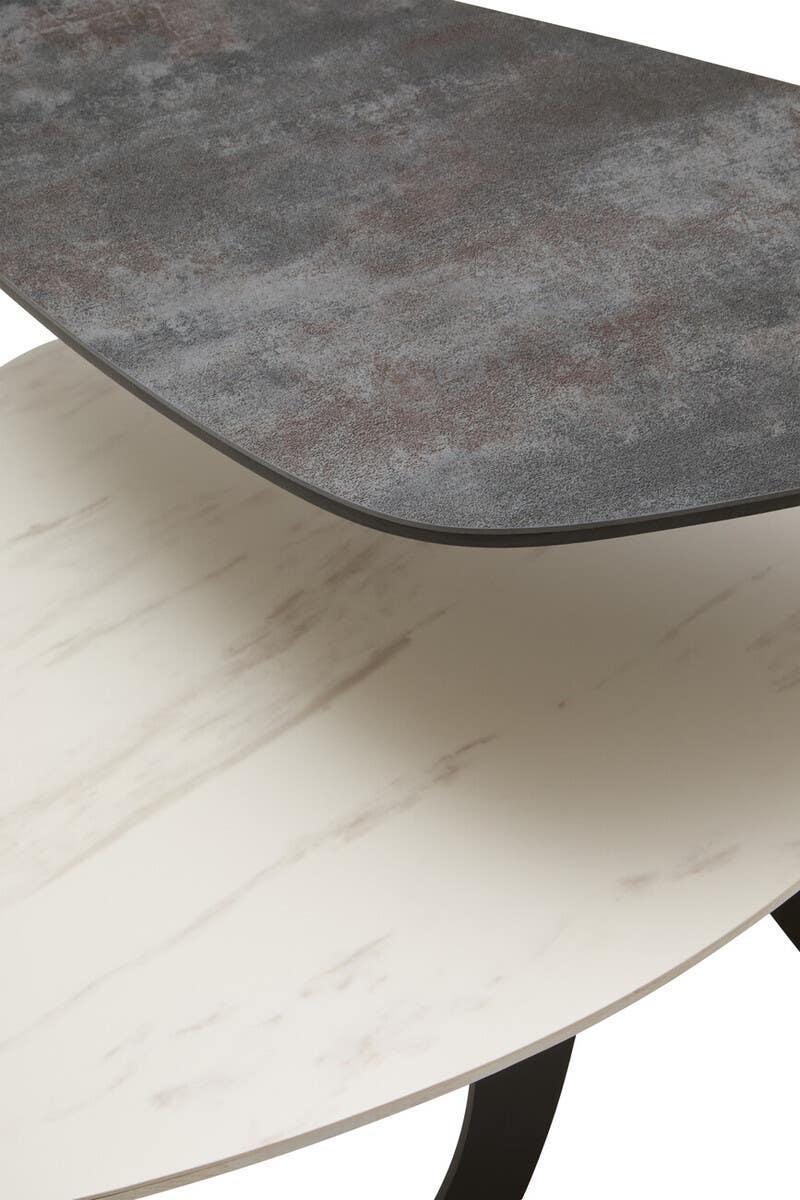 Nest of tables with grey stone effect top and white marble effect shelf, closeup view
