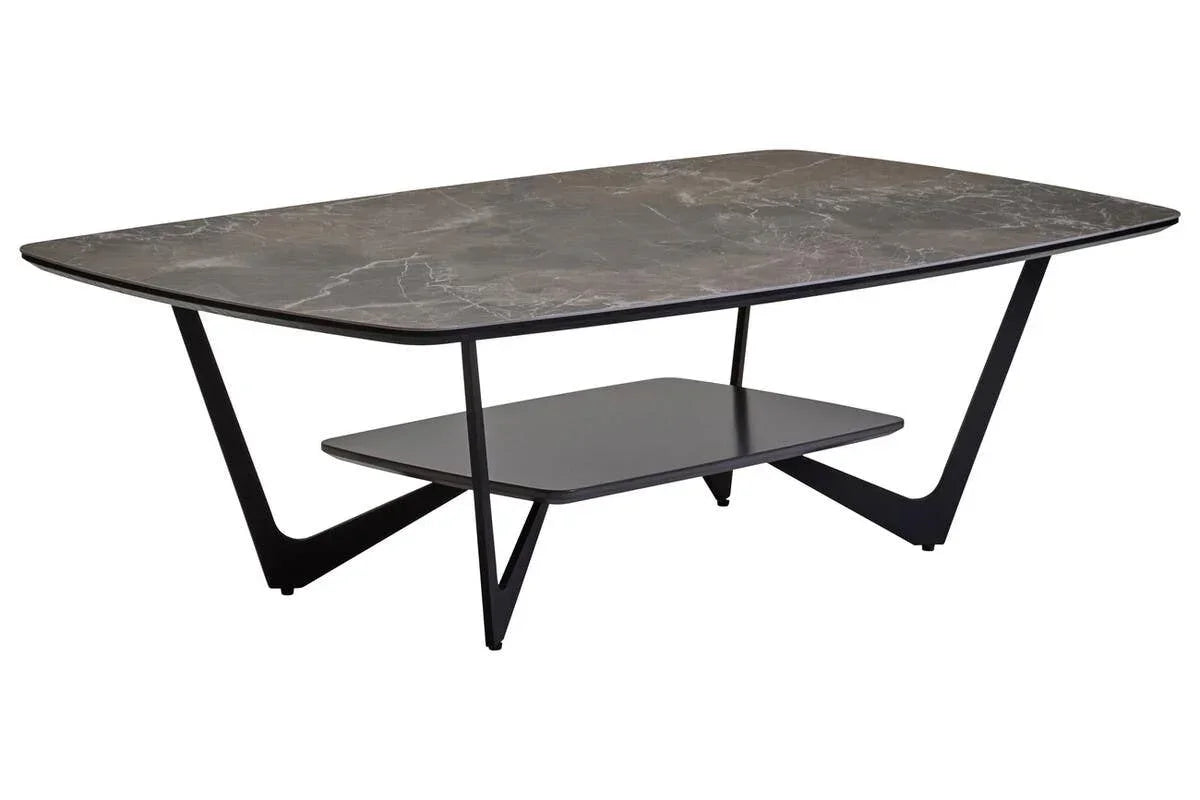 Rectangular marble coffee table with black metal legs and lower storage shelf