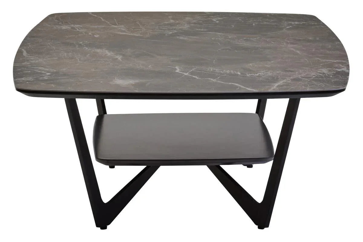 Rectangular marble coffee table with black frame and lower storage shelf, front angle view