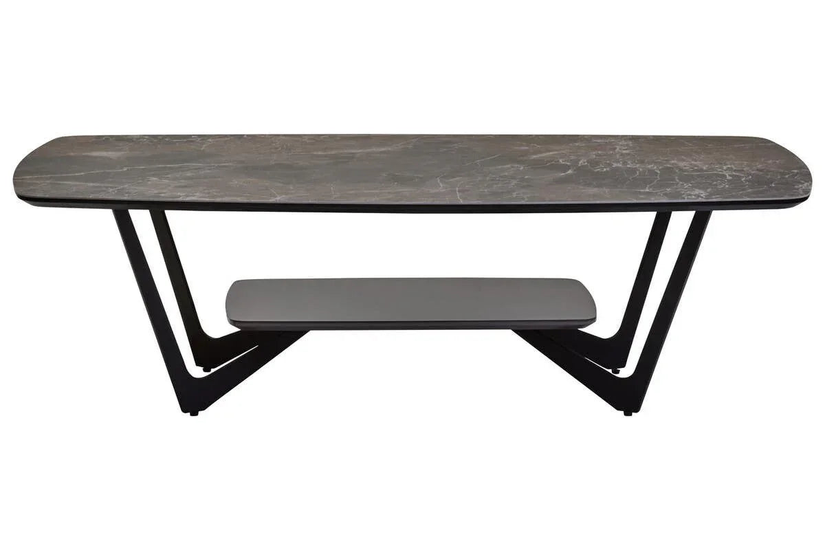 Modern marble top coffee table with black metal legs and lower storage shelf
