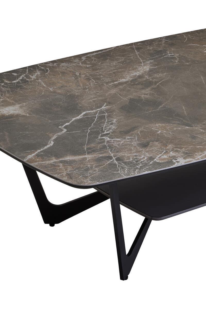 Rectangular coffee table with brown marble effect top and black metal legs