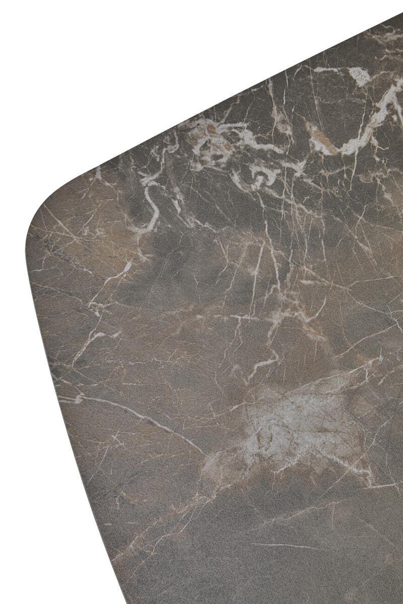 Brown marble dining table top with curved edge and natural vein pattern