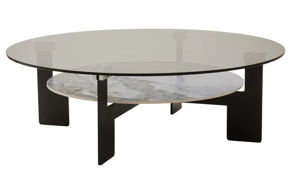 Round glass coffee table with marble shelf and black metal legs, modern furniture design