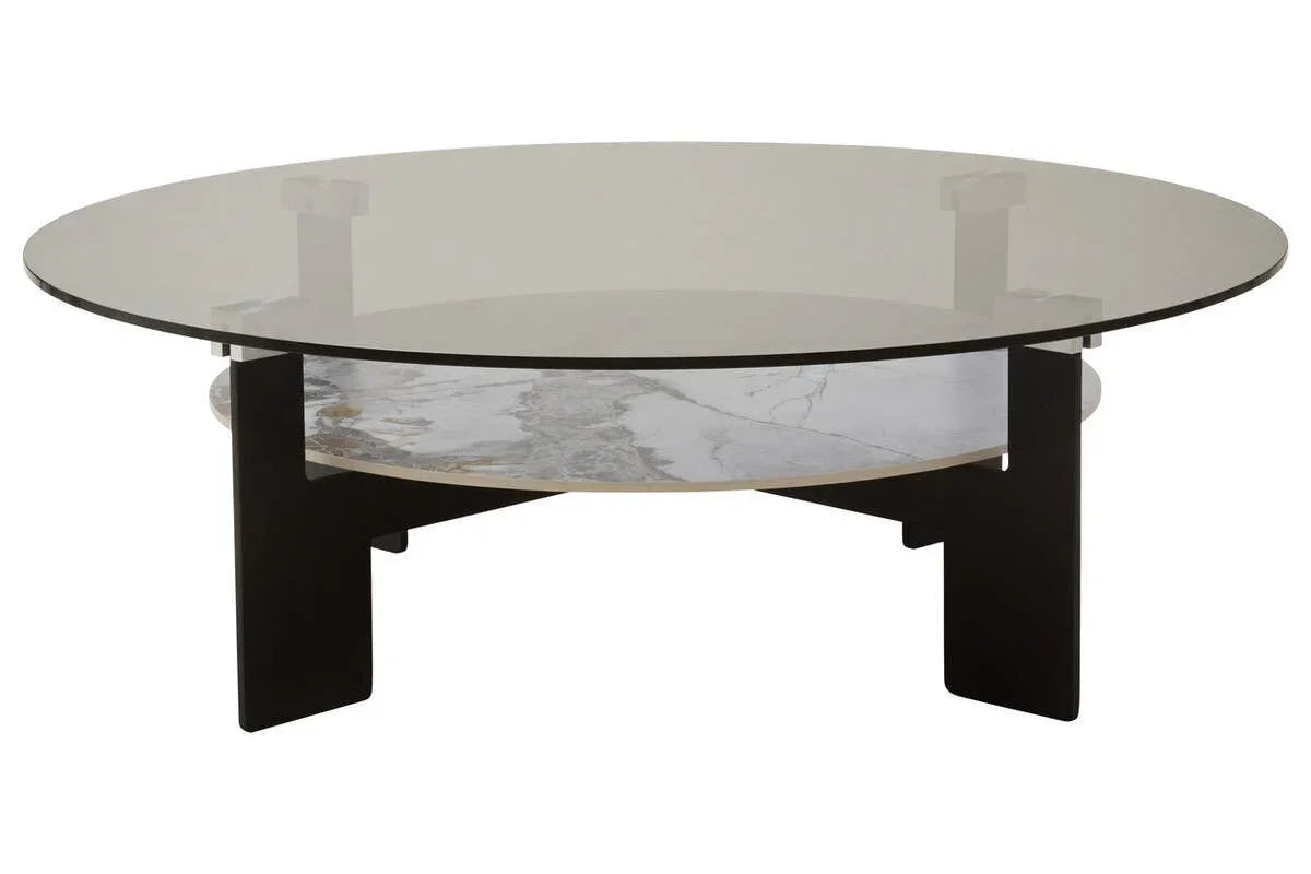 Round glass coffee table with black legs and marble effect lower shelf