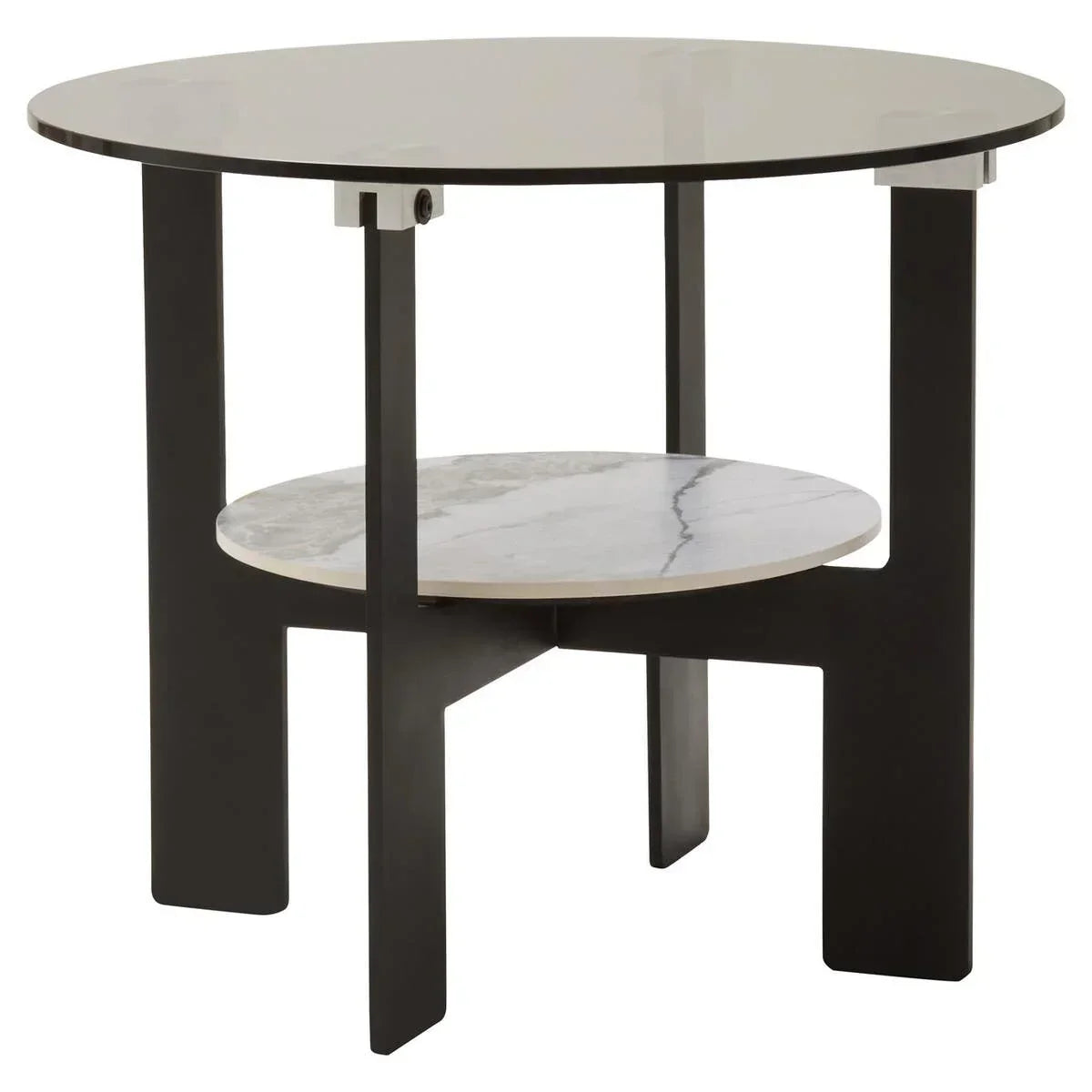 Round side table with glass top, black legs, and white marble-effect lower shelf