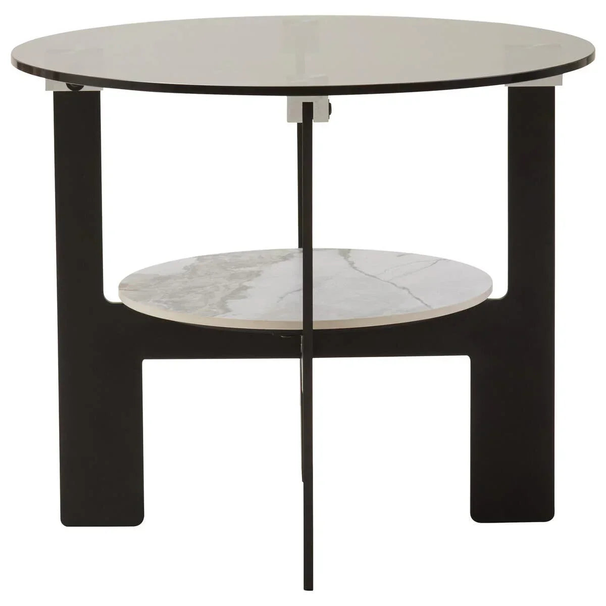 Round glass top side table with black metal legs and lower marble effect shelf