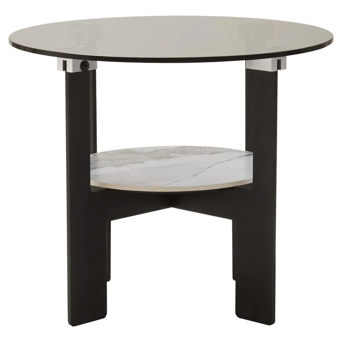 Round glass coffee table with black legs and marble lower shelf