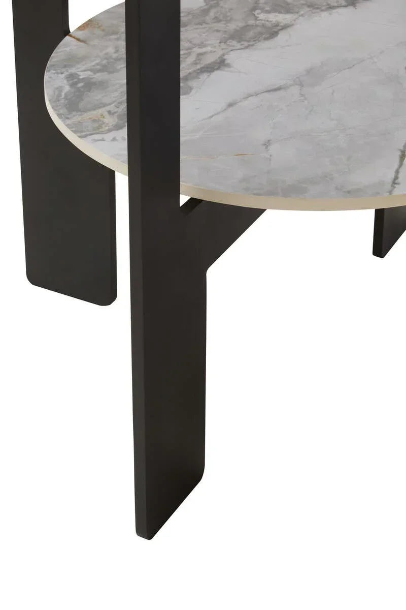Round marble coffee table with black metal legs, close view of lower shelf and support