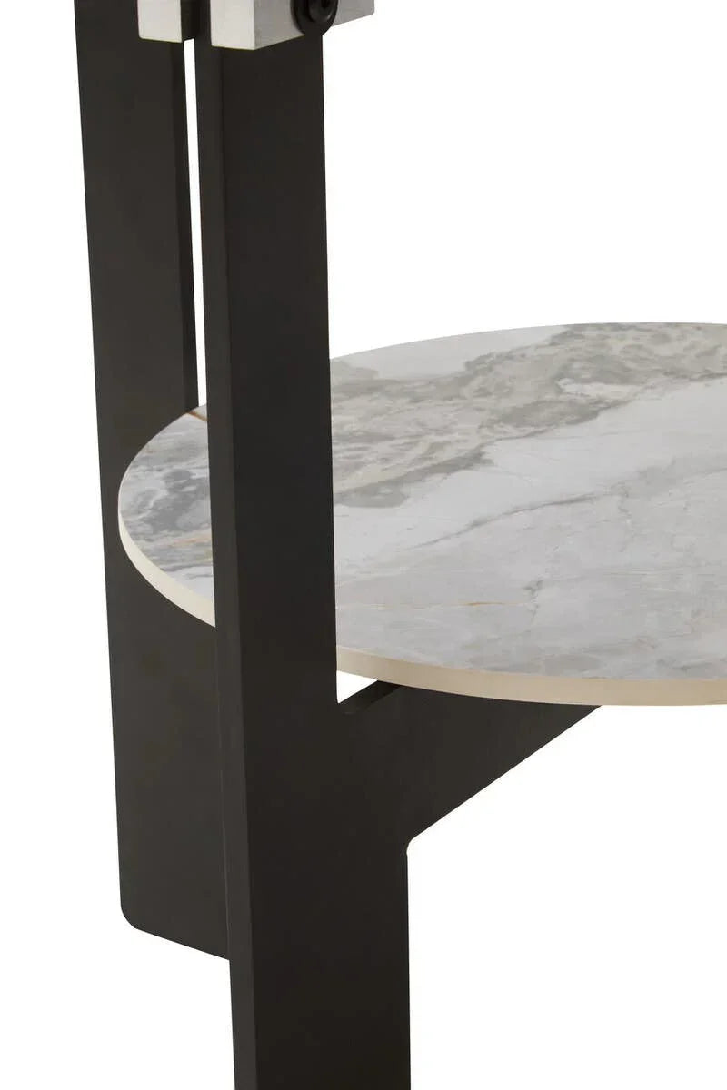 Round marble side table shelf with black metal frame closeup