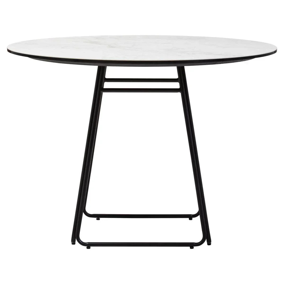 Round dining table with white marble top and black metal frame