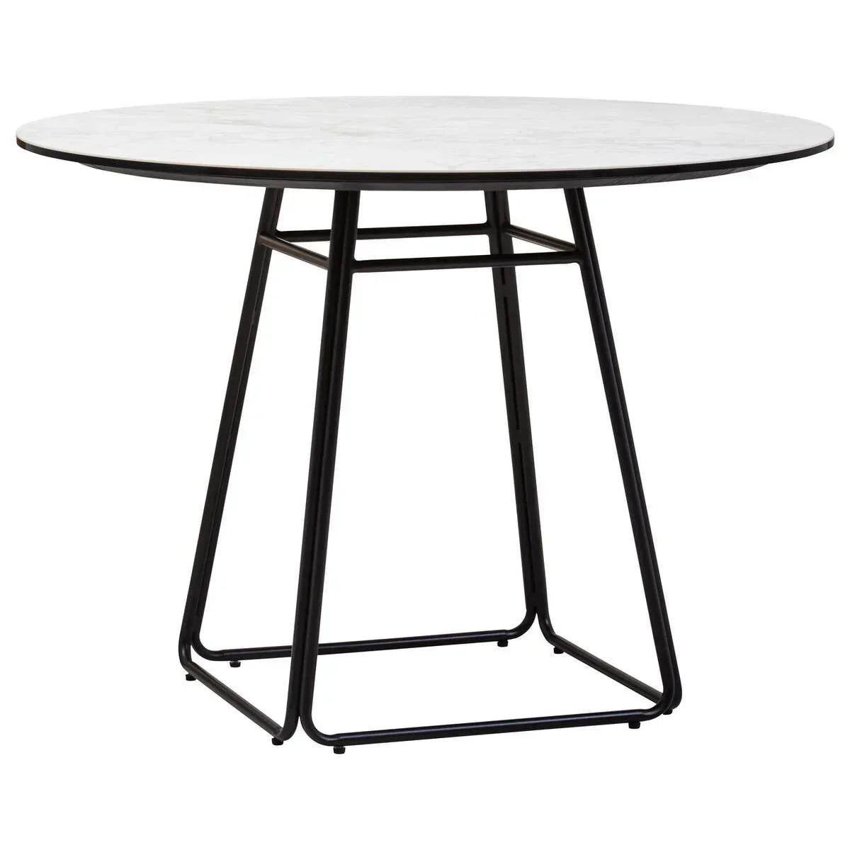 Round dining table with white marble effect top and black metal geometric base
