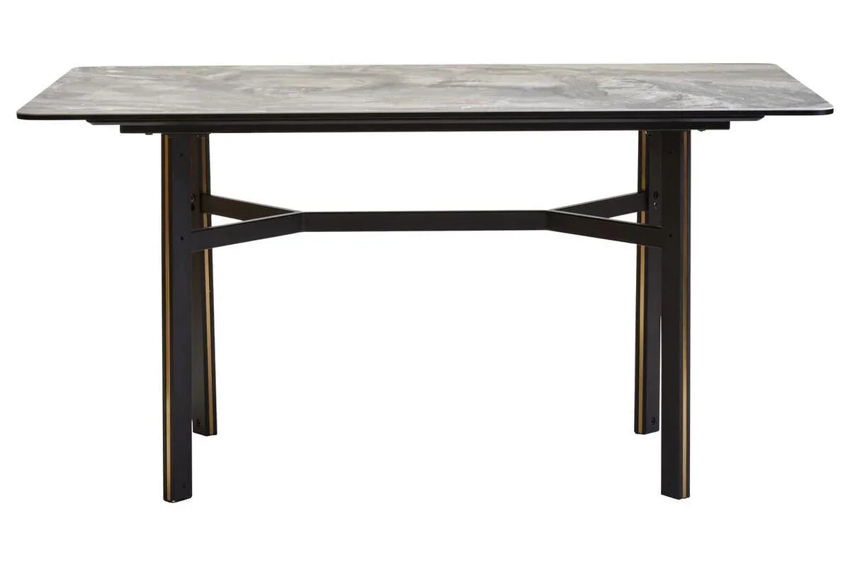Rectangular dining table with marble-effect top and black metal legs, front view