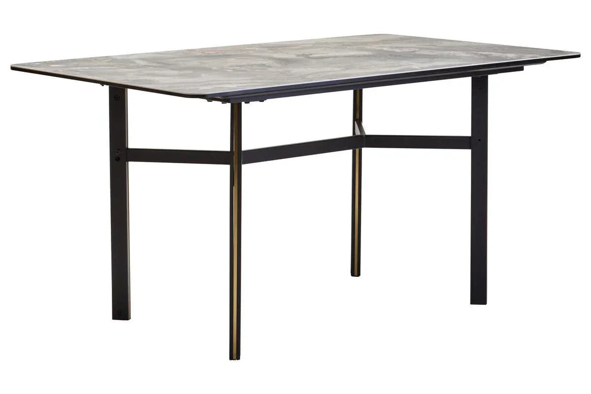 Rectangular dining table with black metal legs and grey marble effect top