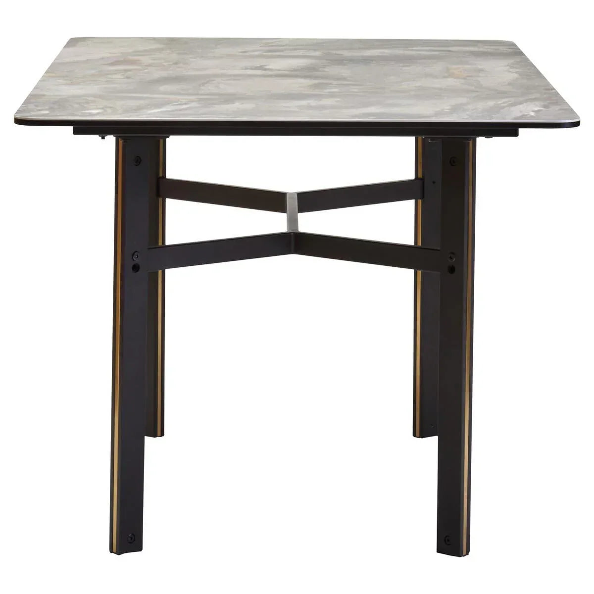 Square dining table with grey marble effect top and black metal legs, front angle view