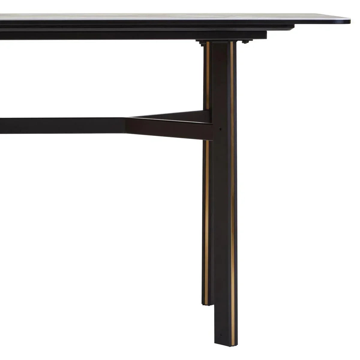 Black dining table metal legs and support frame closeup