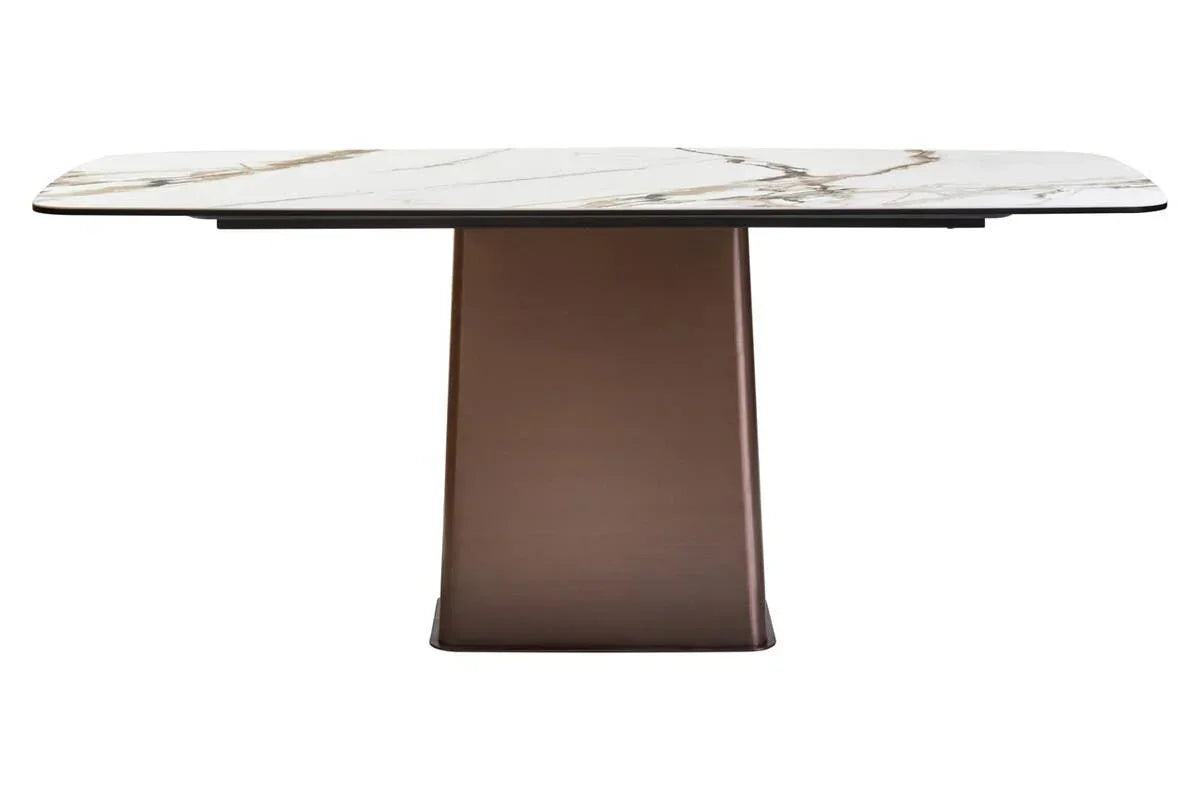 Rectangular marble dining table with brown pedestal base, modern design