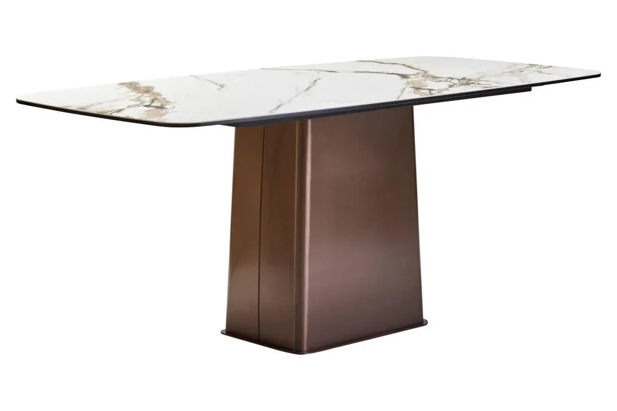 Rectangular dining table with white marble-effect top and bronze pedestal base