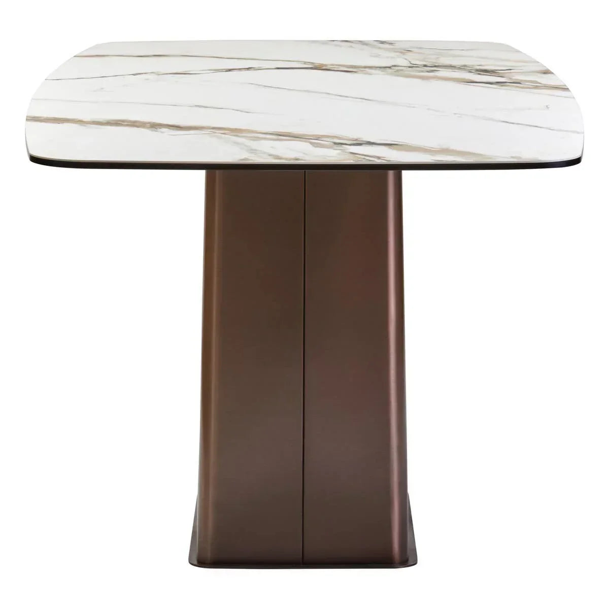 Rectangular dining table with white marble top and brown pedestal base, front view