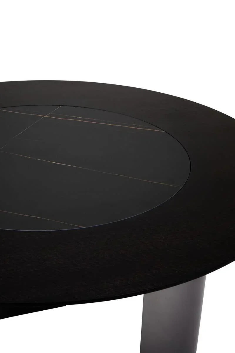 Round black dining table with marble effect ceramic centre and dark wood finish