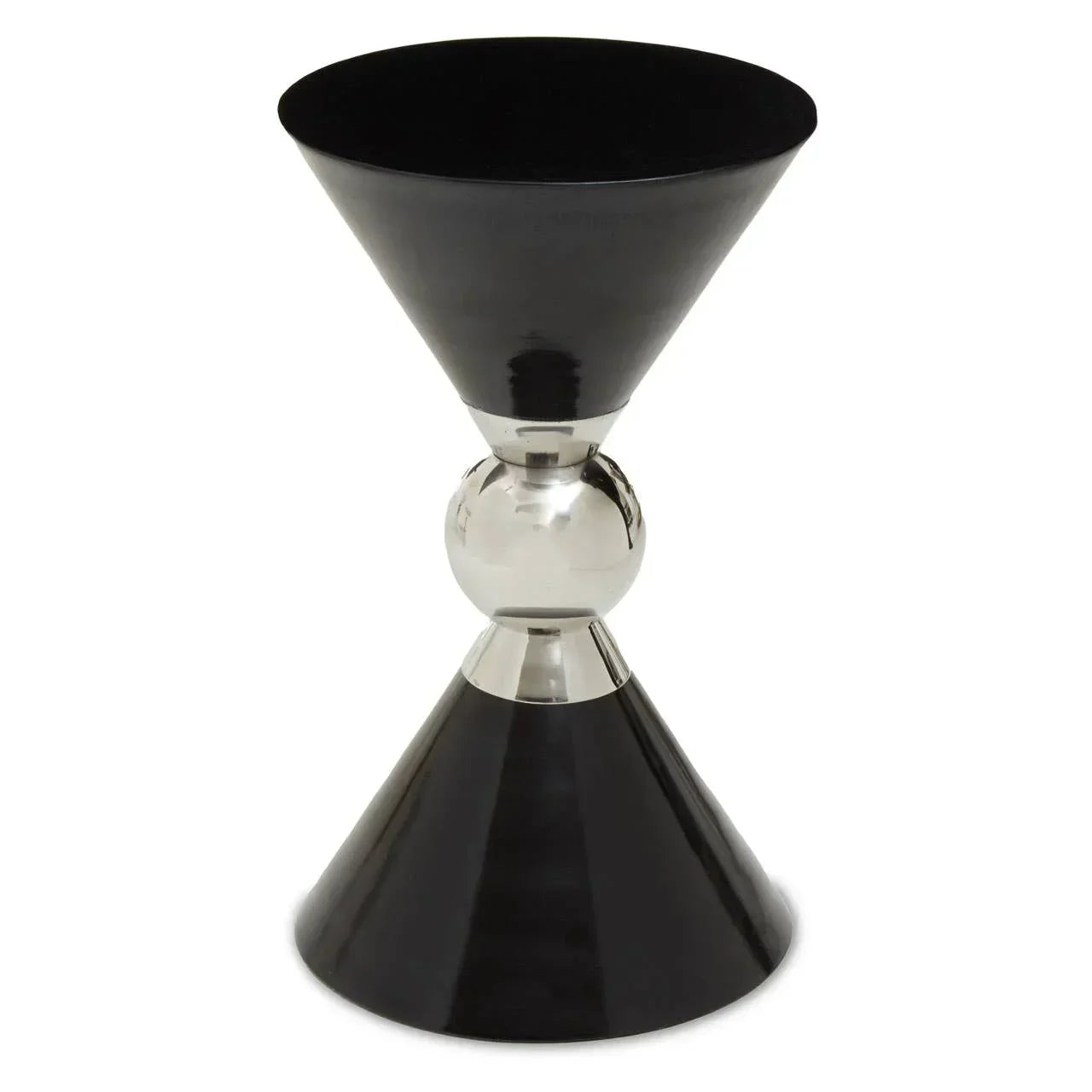 Black and chrome accent table with geometric hourglass shape