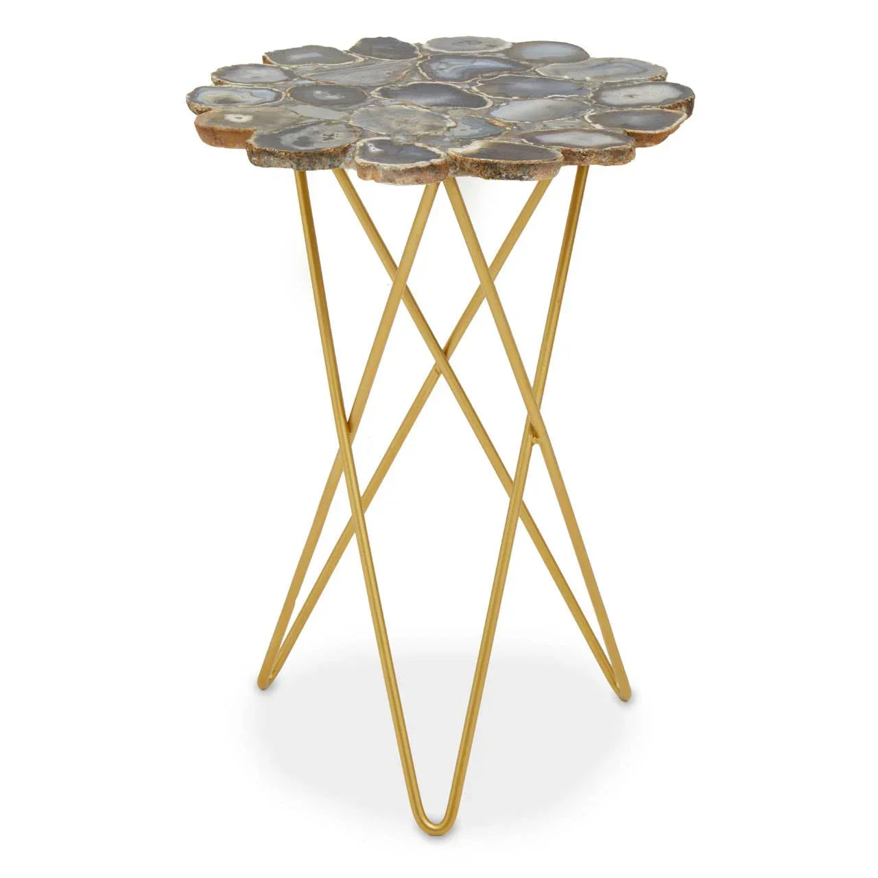 Gold side table with agate stone top and crisscross metal legs